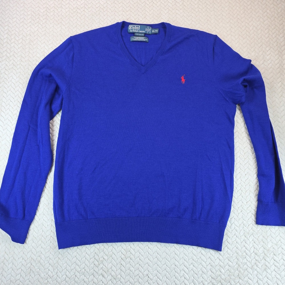 Polo Ralph Lauren Mens XL Blue Merino Wool V-Neck Sweater Italian Yarn Custom